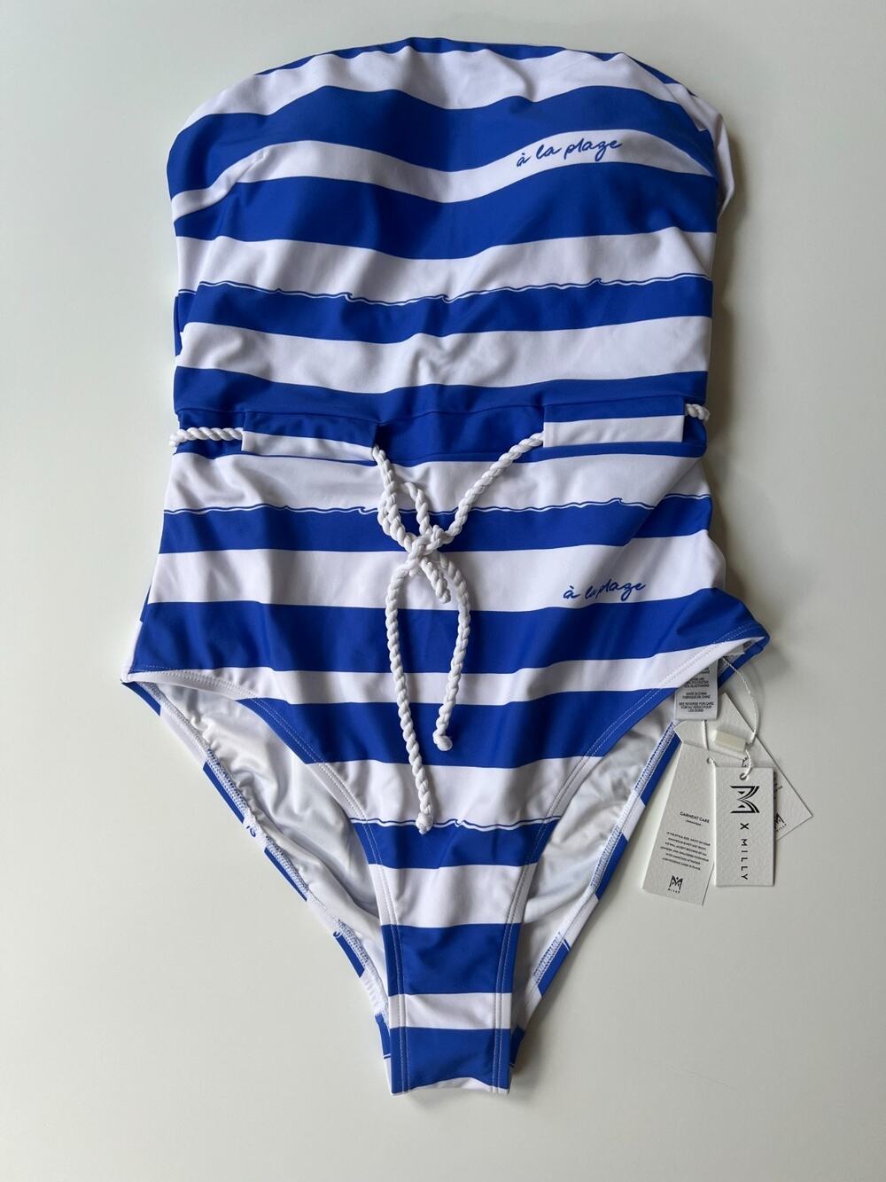 Milly A La Plage Belted One Piece Swimsuit Blue White Size L New